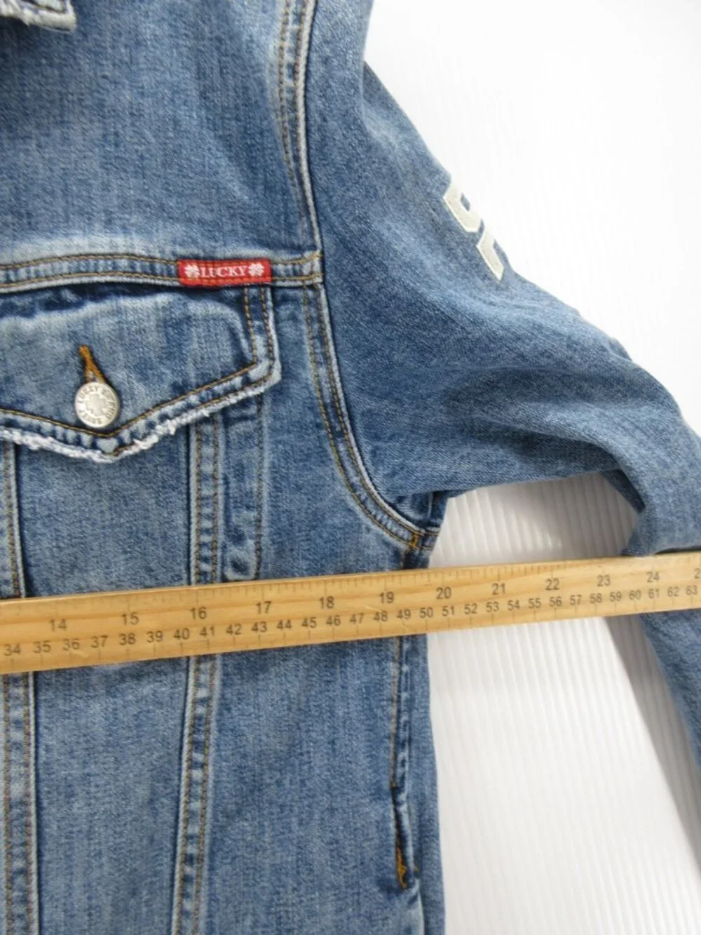 Lucky Brand Jacket Medium Trucker Dungarees Y2K Denim Spell Out Moto